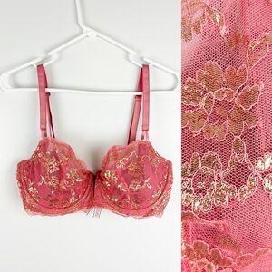 Victoria's Secret Dream Angels Unlined Push-Up W/O Padding Foil Lace Bra Coral